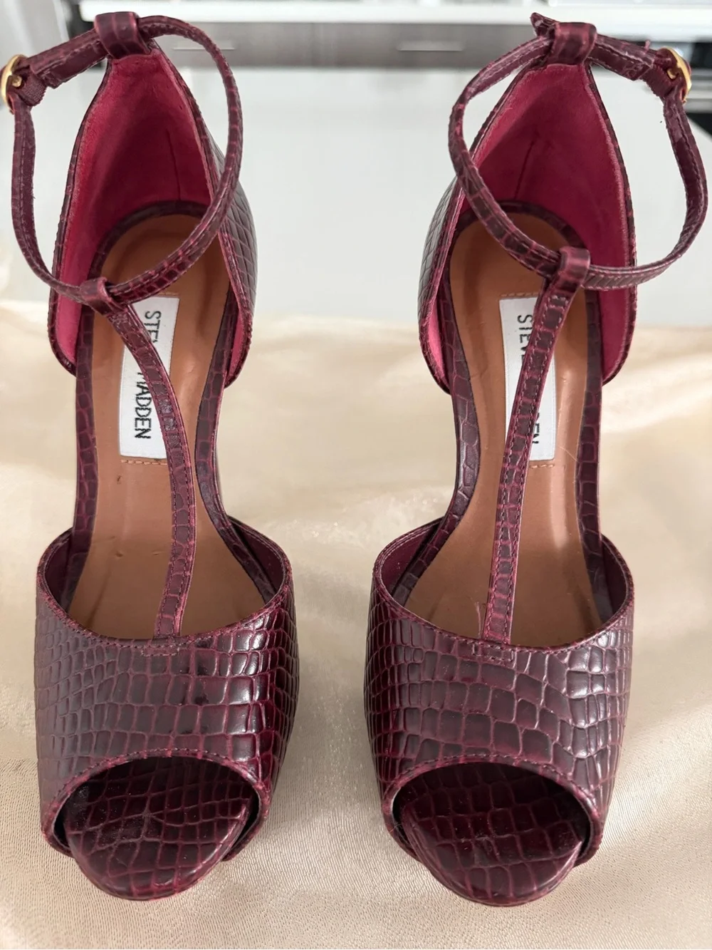 Steve Madden Wine Croc-Embossed T-Strap Heels